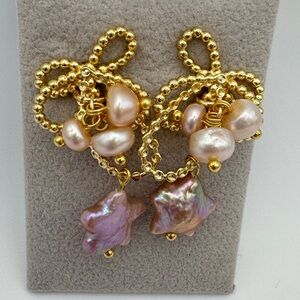Elegant Gold beaded bow and Real Fresh Water Pearl Dangle Star Earrings